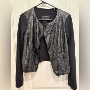 Vintage GUESS Women's Black and Gray Leather Jacket S